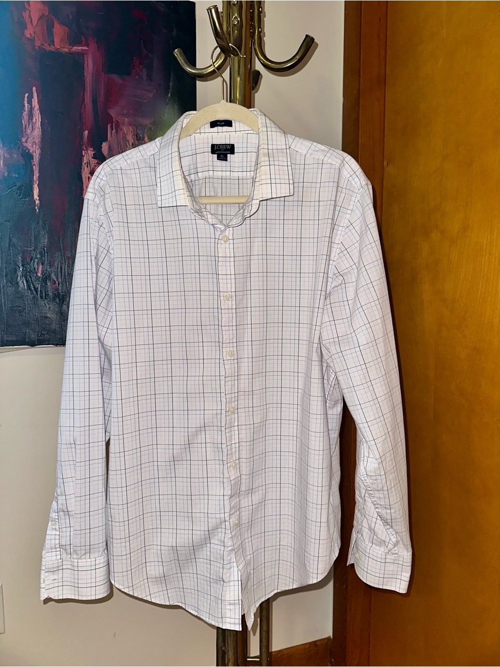 J. Crew Men’s White Button-Down Shirt with Blue and Navy Windowpane
